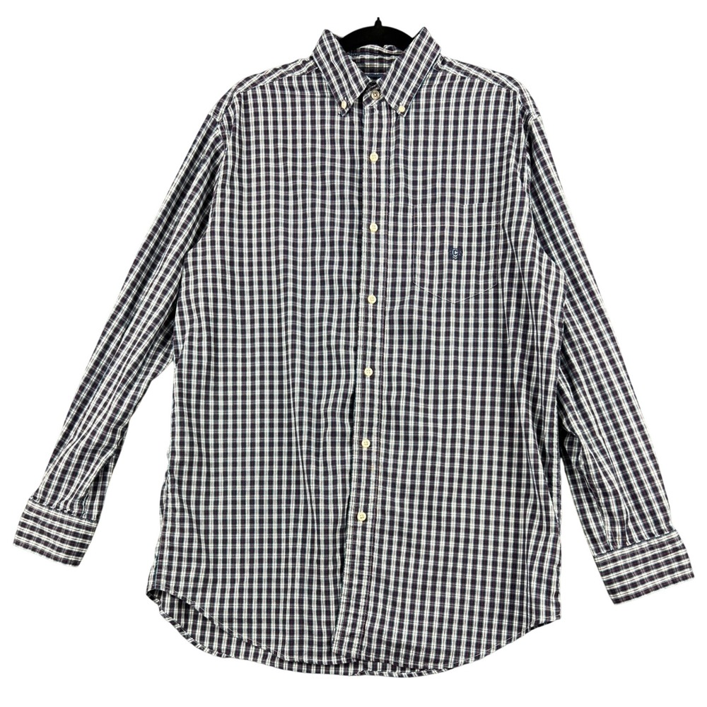 Chaps Shirt Mens Large Tall LT Stretch Easy Care Plaid Navy Button Down Good